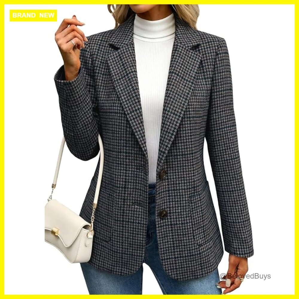 Wool-Blend Tweed Blazer Slim Fit Houndstooth Office Work Jacket